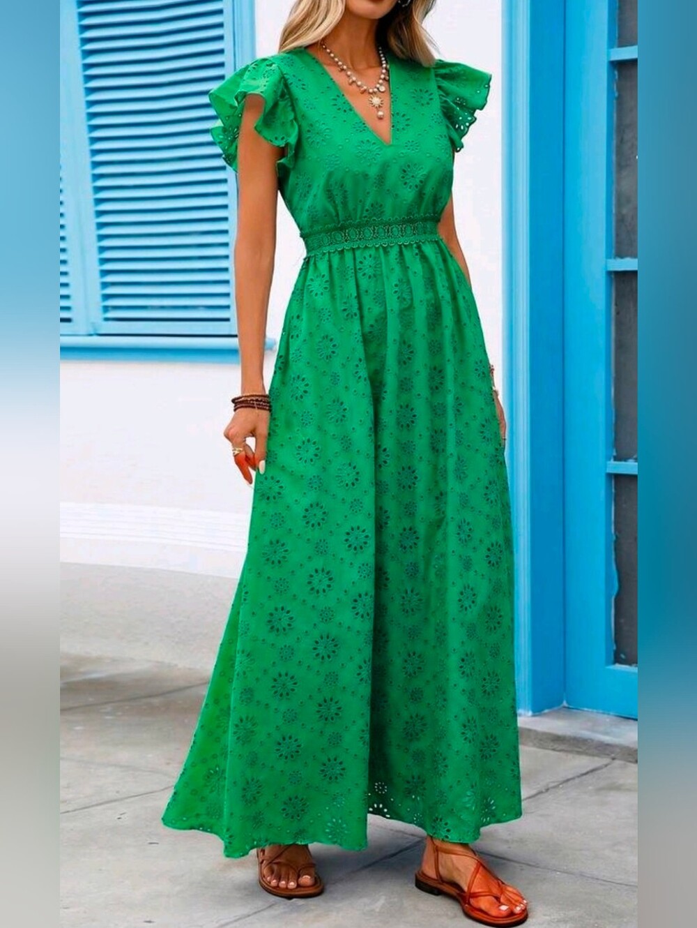 New Embroidered Eyelet Lace Ruffle Sleeve Tie Back Maxi Dress Green - Picture 7 of 10